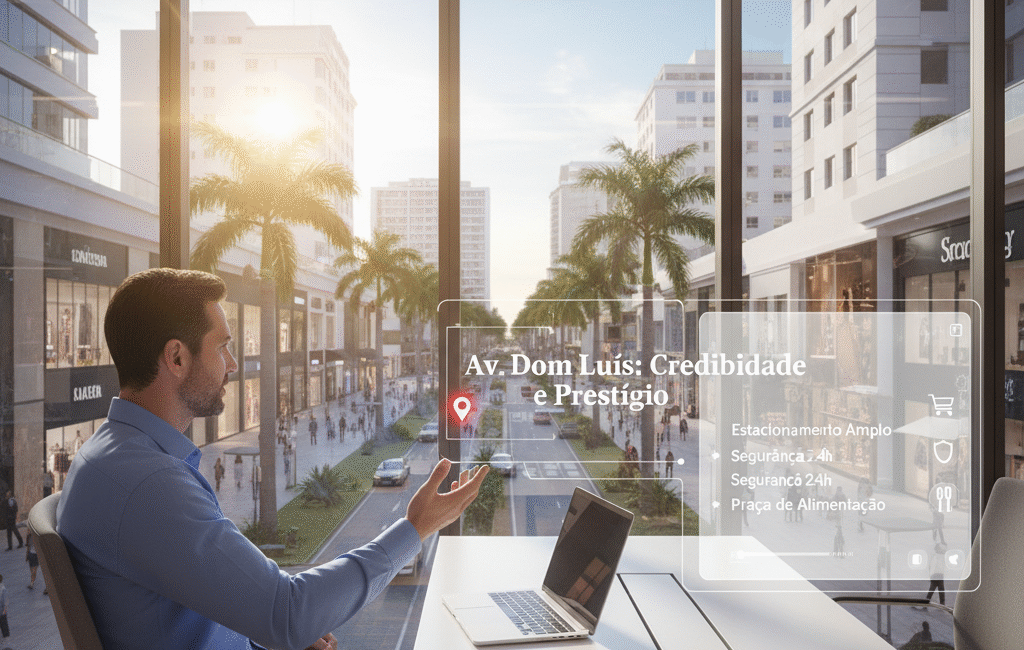 Prédios modernos e Avenida Dom Luís, simbolizando o endereço comercial de prestígio do Coworking Aldeota em Fortaleza.