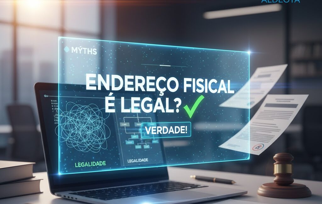 Símbolos de lei e segurança ao lado de documentos fiscais, representando que o Endereço Fiscal é legal e seguro para CNPJ.