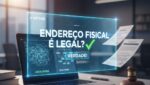 Símbolos de lei e segurança ao lado de documentos fiscais, representando que o Endereço Fiscal é legal e seguro para CNPJ.